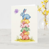 Stacked Rabbit Friends Cute Art Card Kaart (Gele Bloem)