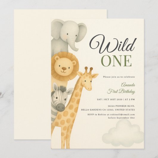 Stacked Safari Animals Baby Verjaardag Kaart (Voorkant / Achterkant)