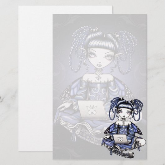 "Stacy" Cute Blue Lap Top Fairy Art Stationery Briefpapier (Voorkant / Achterkant)