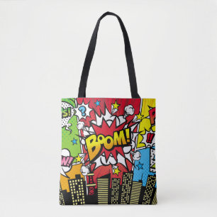 Stad achtergrondmateriaal met striptekenstijl spra tote bag