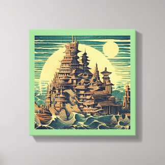 Stad Atlantis 4 - Houtsnijstijl Canvas Afdruk