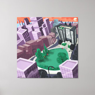 Stad bij zonsondergang canvas afdruk