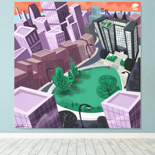 Stad bij zonsondergang canvas afdruk (Insitu (Houten vloer))