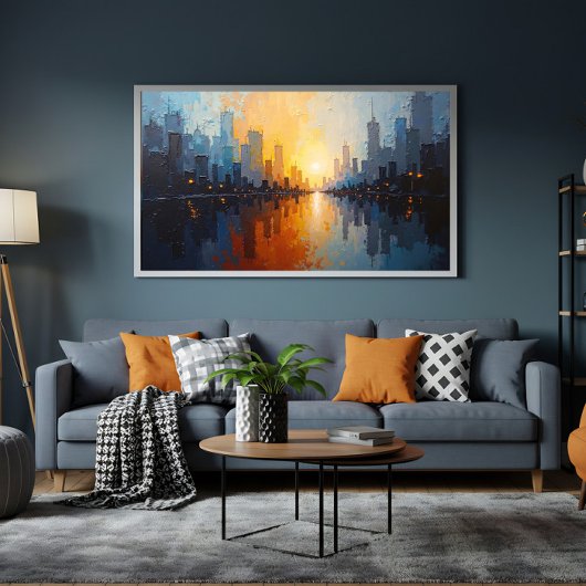 Stad bij zonsondergang canvas afdruk