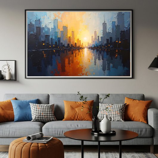 Stad bij zonsondergang poster