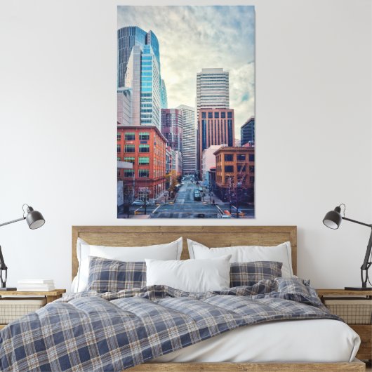 Stad bij zonsopgang canvas afdruk (Insitu (Slaapkamer))