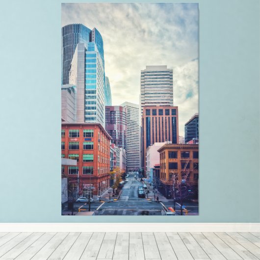 Stad bij zonsopgang canvas afdruk (Insitu (Houten vloer))