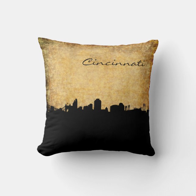 Stad Cincinnati Ohio Skyline Rustic Pillow Kussen (Voorkant)