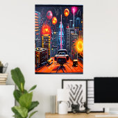 Stad, dak en vuurwerk| AI Art Poster (Thuiskantoor)