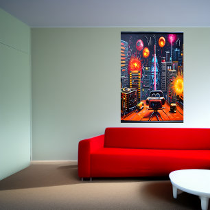 Stad, dak en vuurwerk  AI Art Poster