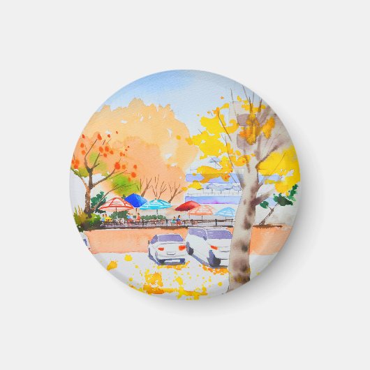 Stad herfstlandschap waterverf magneet (Voorkant)