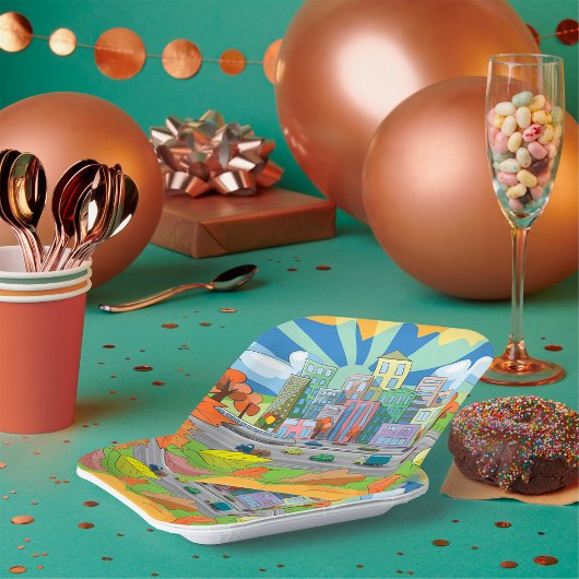 Stad in het najaar papieren bordje