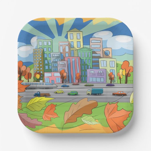 Stad in het najaar papieren bordje (Voorkant)