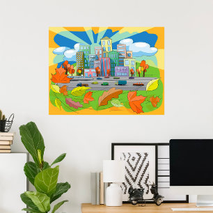 Stad in het najaar poster