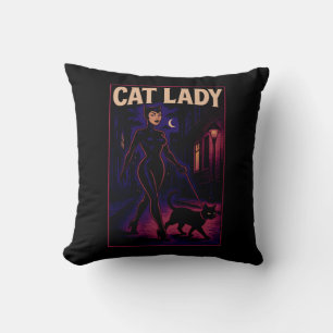 Stad Nacht Sassy Kat Dames Comic Kunst Zwarte Katt Kussen