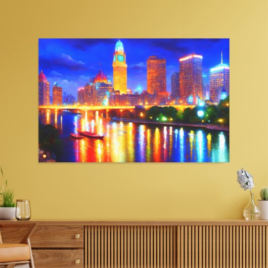 stad neon rivier skyscraper heldere kleurrijke kun canvas afdruk (Insitu (Woonkamer))