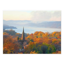 Stad op de rivier foto afdruk