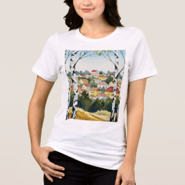 Stad op een heuvel gezien door berkenbomen Tri-Blend shirt