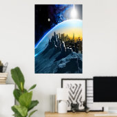 Stad op een ruimtesteen | AI Art Poster (Thuiskantoor)