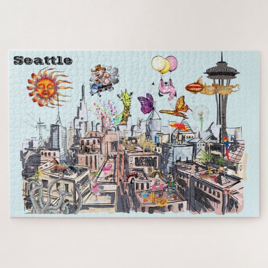 Stad Seattle Surreal Pop Art Busy Legpuzzel (Horizontaal)