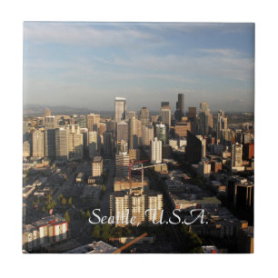 Stad Seattle. Uitzicht van de stadtoren. Landschap Tegeltje