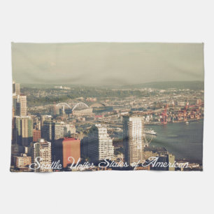 Stad Seattle. Uitzicht van de stadtoren. Landschap Theedoek