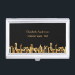 Stad skyline zwart goud visitekaarthouder<br><div class="desc">Een zwarte achtergrond, met een faux gouden skyline als decor. Sjabloon voor jouw naam en een tekst op voorzijde. Gouden letters Achterzijde: Sjablonen voor Jouw naam, titel, telefoonnummer, e-mail- en websiteadres. Een houder van een visitekaartje voor makelaars in onroerend goed, managers, winkeleigenaars, ondernemers, bouwnijverheid of engineering. Deze houder is ook...</div>