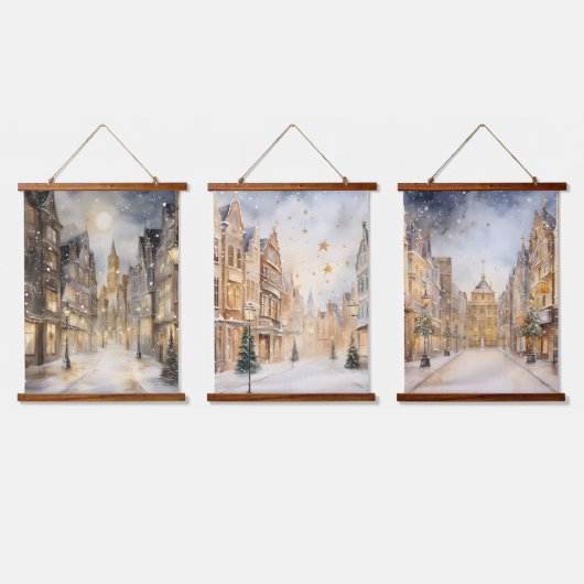 Stad sneeuwde in de winter Kerstmis Hangend Wandkleed (Driedubbel)