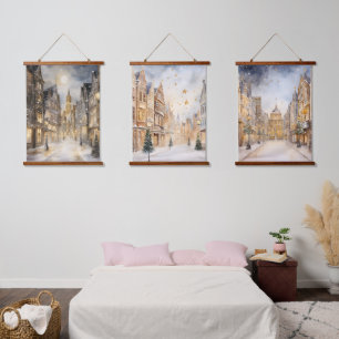Stad sneeuwde in de winter Kerstmis Hangend Wandkleed