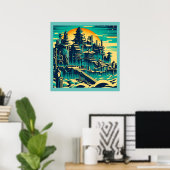 Stad van Atlantis 1 - Woodblock Style Poster (Thuiskantoor)