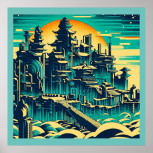 Stad van Atlantis 1 - Woodblock Style Poster