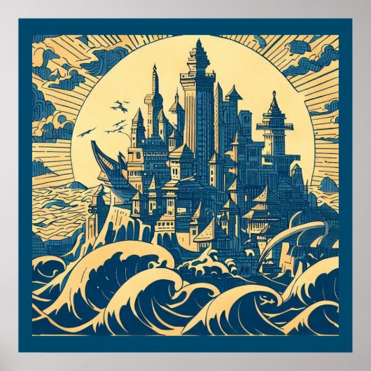 Stad van Atlantis 3 - Woodblock Style Poster (Voorkant)