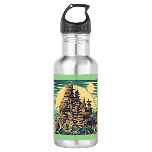Stad van Atlantis 4 - Woodblock Style Waterfles (Voorkant)