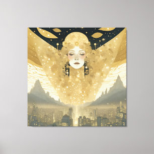 Stad van Engelen Vrouw in Goud Canvas Afdruk