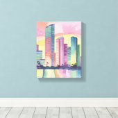 Stad van kleur | Waterverf Skyline van Miami Canvas Afdruk (Insitu (Houten vloer))
