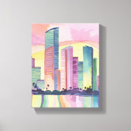 Stad van kleur | Waterverf Skyline van Miami Canvas Afdruk