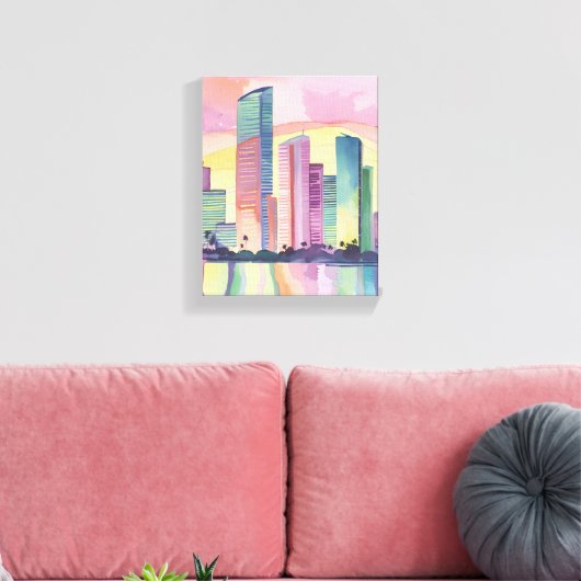 Stad van kleur | Waterverf Skyline van Miami Canvas Afdruk (Insitu (Woonkamer))