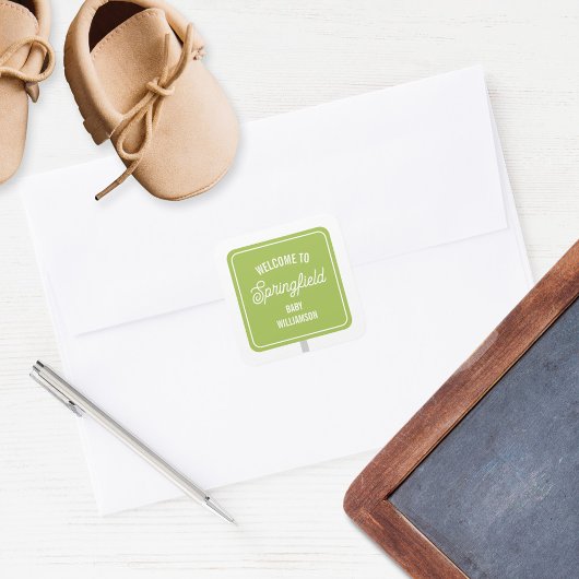 Stad Welkomstbord Groen Baby shower Vierkante Sticker