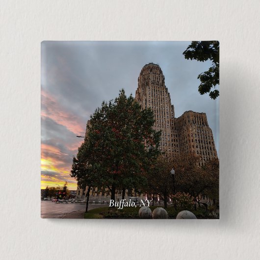 Stadhuis en zonsondergang vierkante button 5,1 cm (Voorkant)