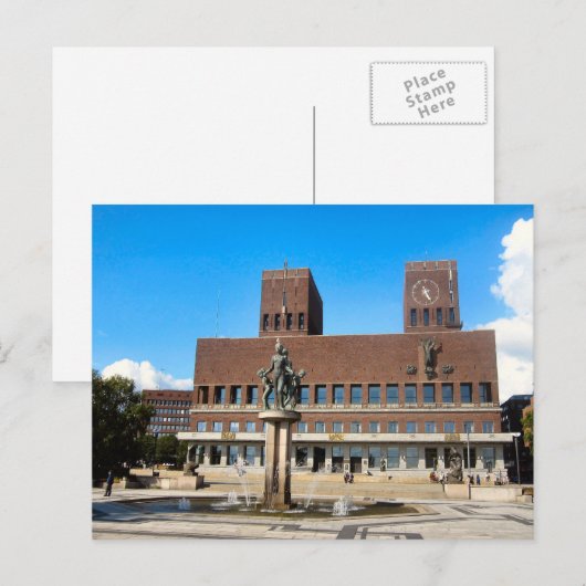 Stadhuis Oslo, standbeeld, fontein Briefkaart (Voorkant / Achterkant)