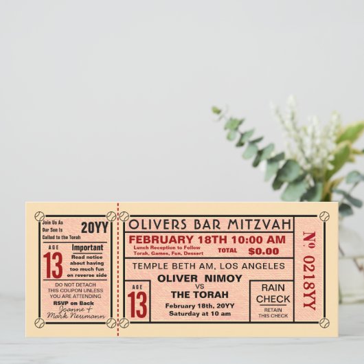  Stadium Ticket Baseball Bar Mitzvah Red Kaart (Staand voorkant)