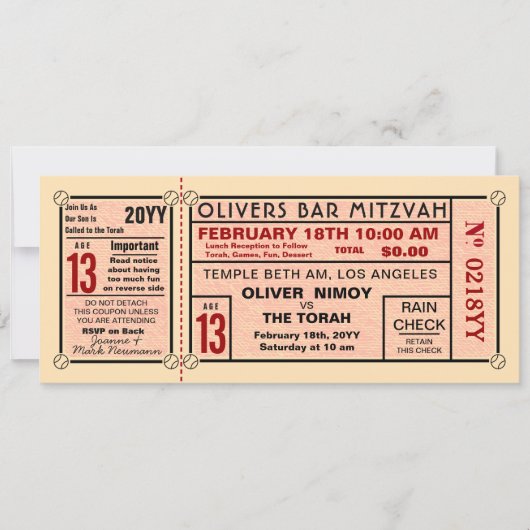  Stadium Ticket Baseball Bar Mitzvah Red Kaart (Voorkant)