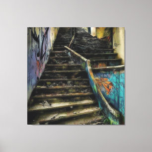 Stads Kunst op Trap Verlaten Gebouw Canvas Afdruk