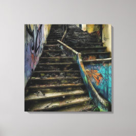 Stads Kunst op Trap Verwaarloosd Gebouw Canvas Afdruk