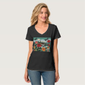 Stads Silhouet Patchwork Met Rozen en Libellen T-shirt (Voorkant volledig)