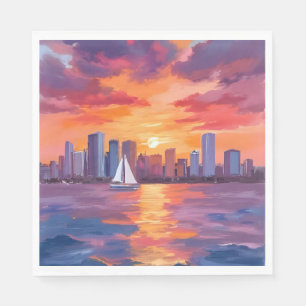 Stads Silhouet Zonsondergang Reflectie Aquarel Sch Servet