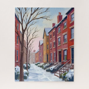 Stads Sneeuwval Winter Watercolor Schilderij Legpuzzel
