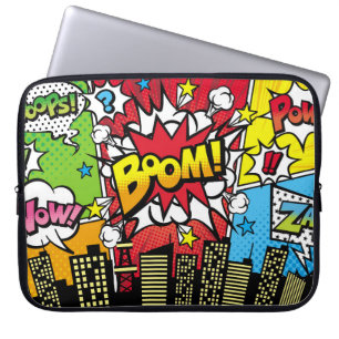 Stadsachtergrondmateriaal met komische kunststijls laptop sleeve