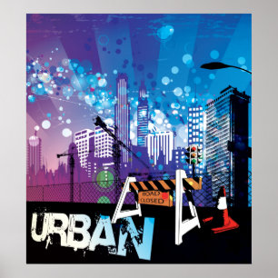 Stadsgebouwen met gesloten poster