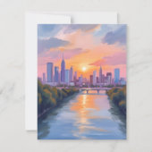 Stadsgezicht Zonsondergang Aquarel Schilderij Kaar (Voorkant)